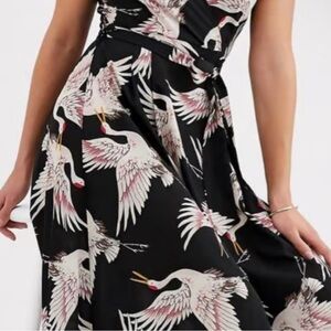 Stillwater black maxi w/ cranes/bird print spaghetti strap high slit crisscross